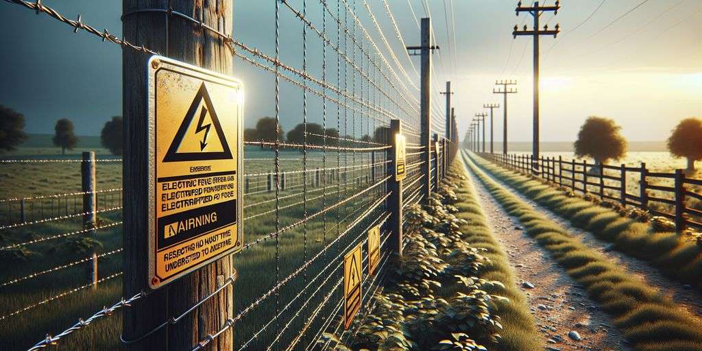 electric fence in rural setting with warning signs