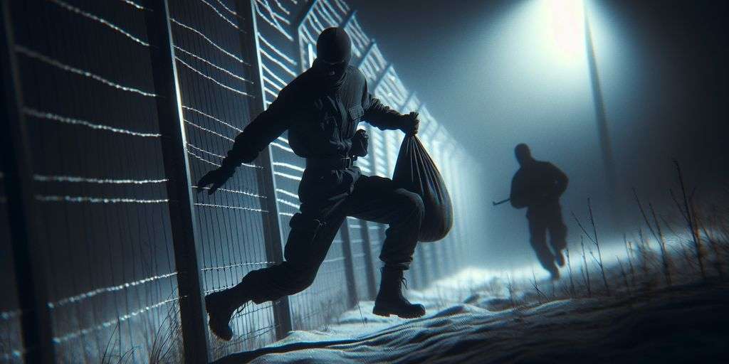 burglar overcoming electric fence at night