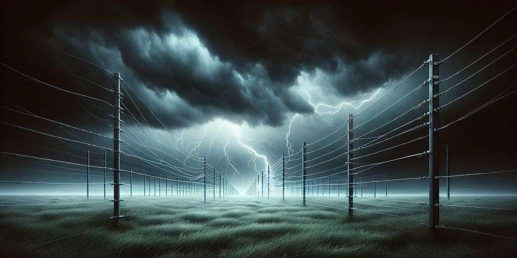 electric fence in a field with stormy sky