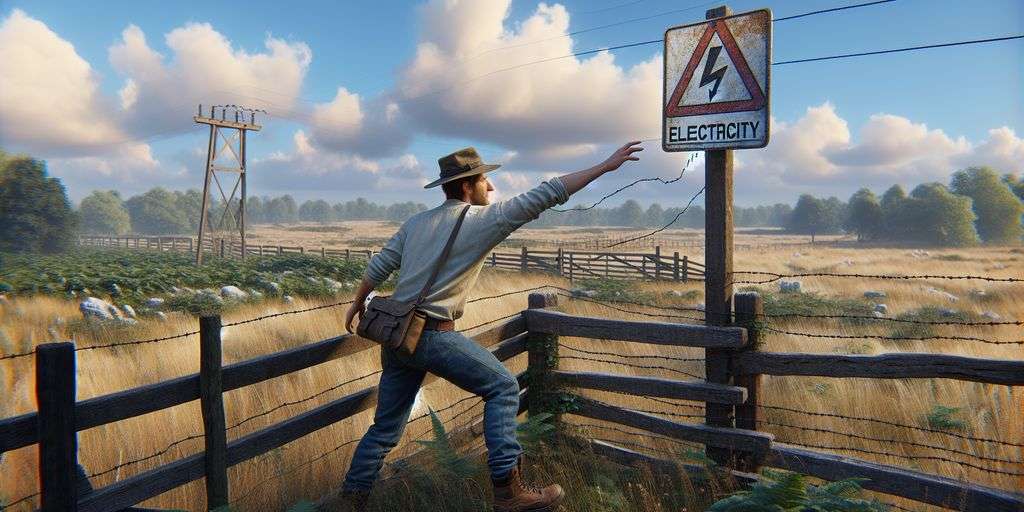 person touching electric fence caution sign rural setting