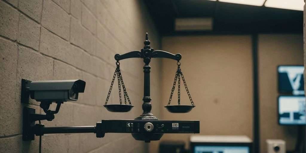 CCTV camera and justice scales on a wall