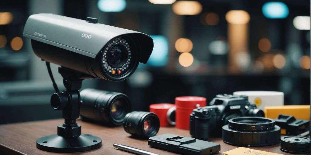 CCTV camera, price tags, and tools for installation