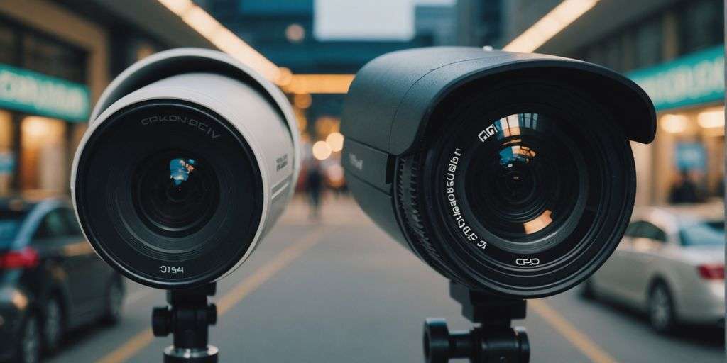 Analogue and IP CCTV cameras comparison in a split screen.