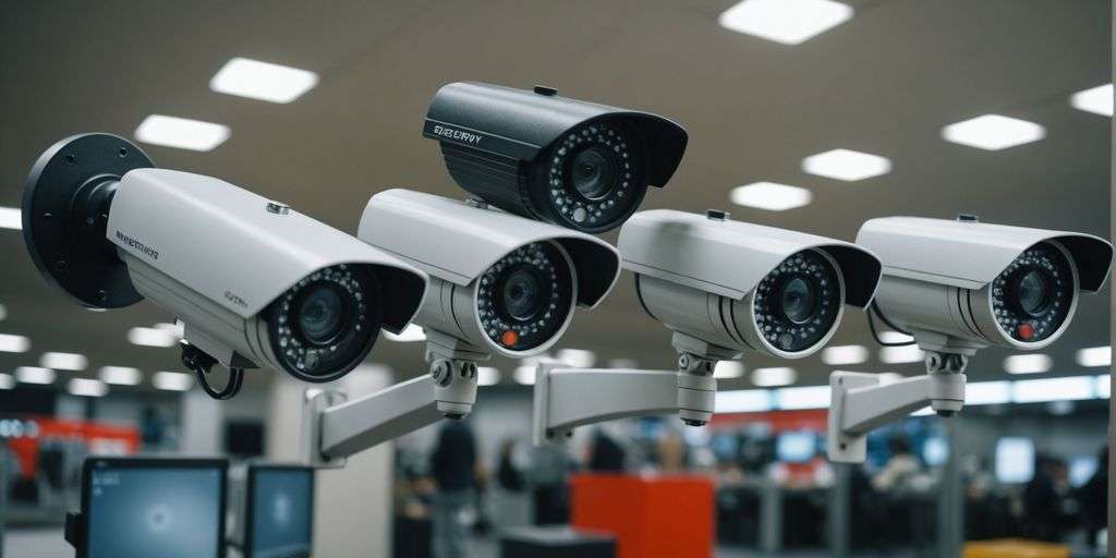 Different CCTV cameras on a security-themed backdrop.