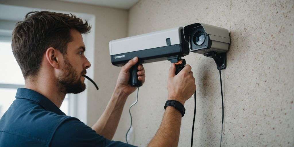 Technician mounting CCTV camera for security