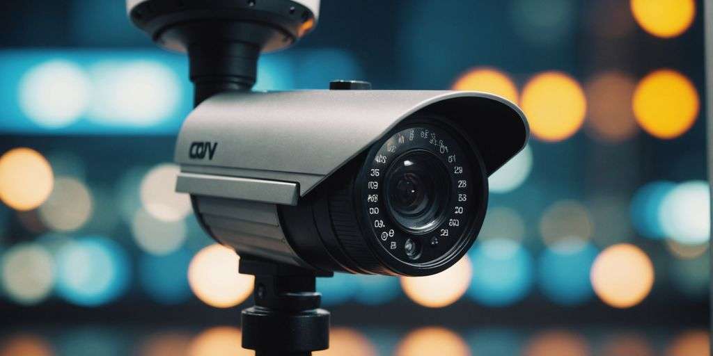 CCTV camera with digital lock symbol, representing security.