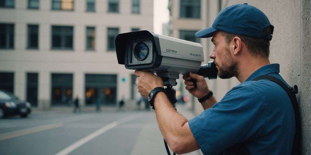 Technician checking CCTV camera for maintenance on building wall