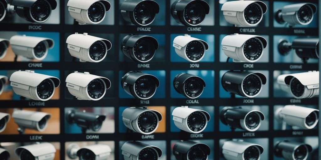 Different types of CCTV cameras with labels and features.