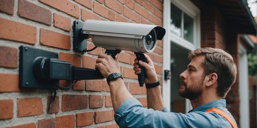 DIY CCTV installation with tools on a house wall.
