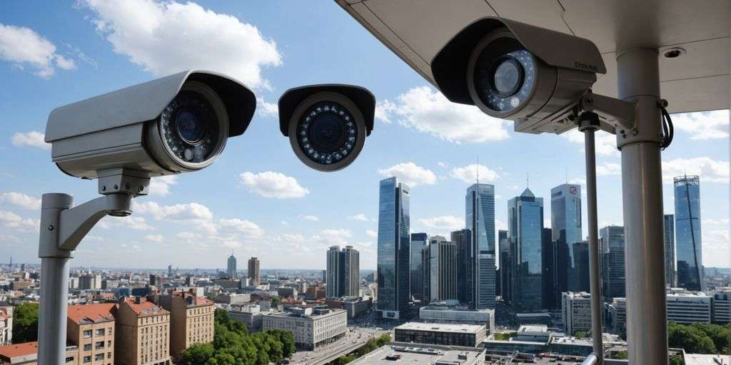 Analogue and IP CCTV cameras with cityscape