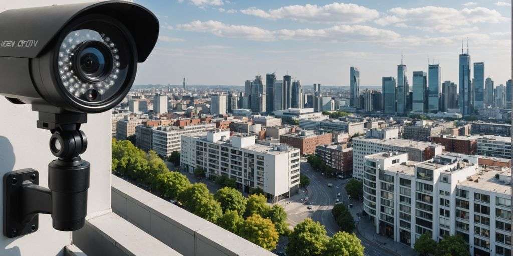 Analogue and IP CCTV cameras with cityscape background