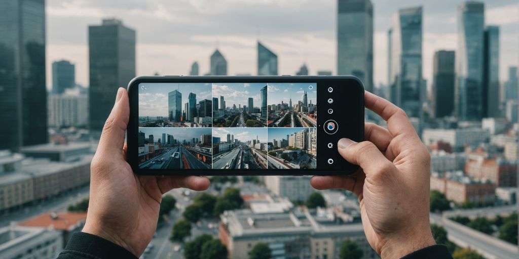 Smartphone showing live CCTV feed with cityscape.