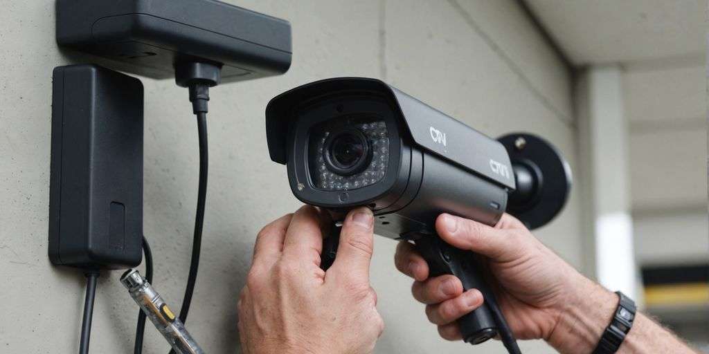 Technician adjusting a CCTV camera on a wall.