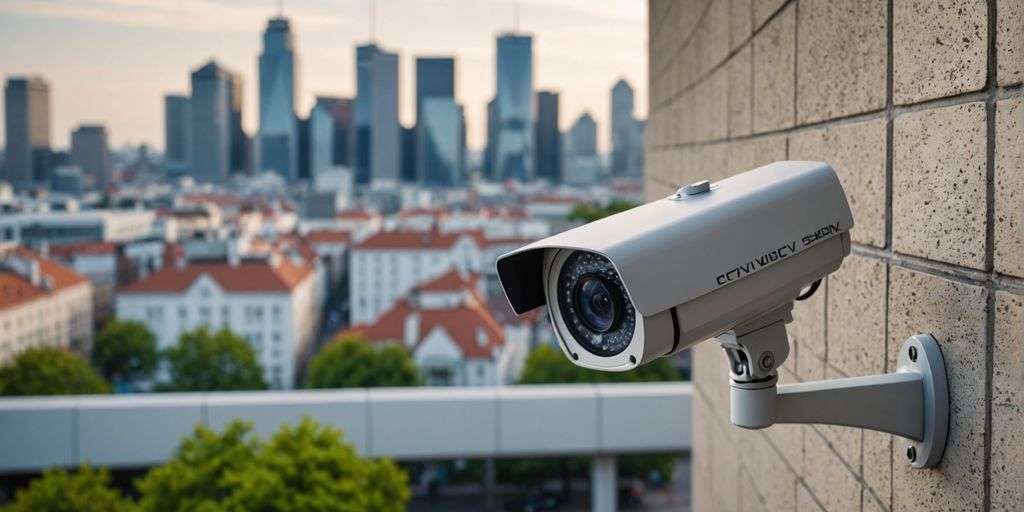CCTV camera with cityscape background