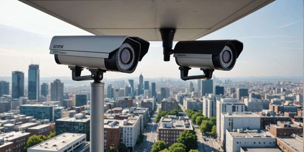 Analogue and IP CCTV cameras with cityscape
