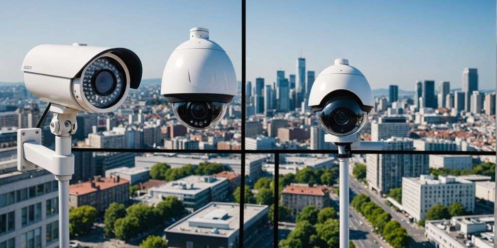 Analogue and IP CCTV cameras with cityscape background.