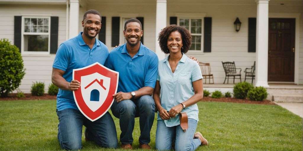 Family in front of secure home with shield symbol