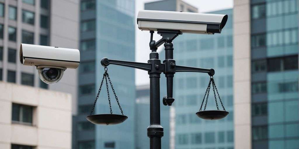 Justice scales beside a CCTV camera