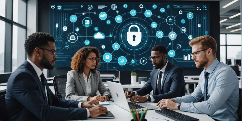 Cybersecurity experts collaborating in a modern office.