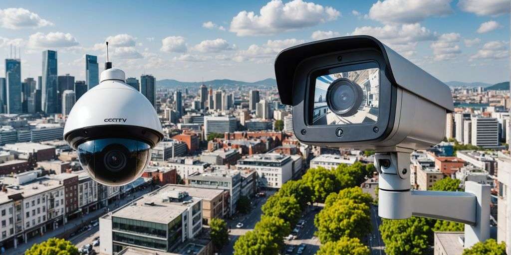 Analogue and IP CCTV cameras with cityscape.