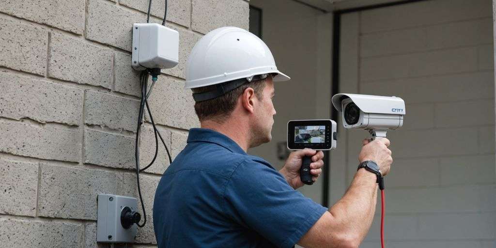 Technician installing CCTV camera on wall