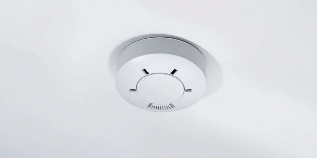Modern smoke detector on white ceiling
