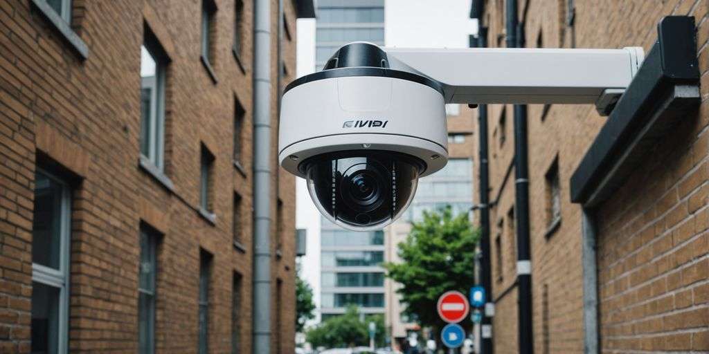 Modern CCTV camera on building wall