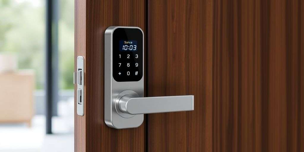 Modern digital door lock on wooden door