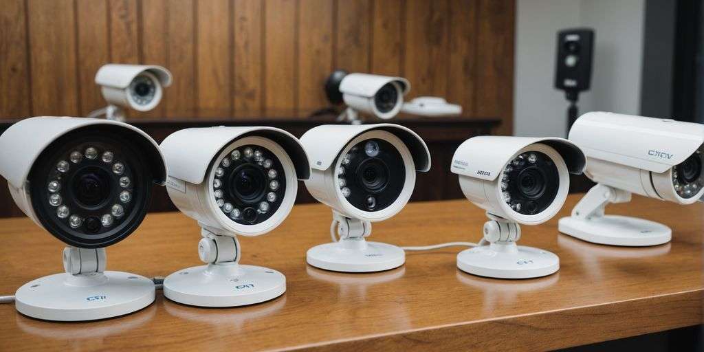 Various CCTV cameras on a wooden table