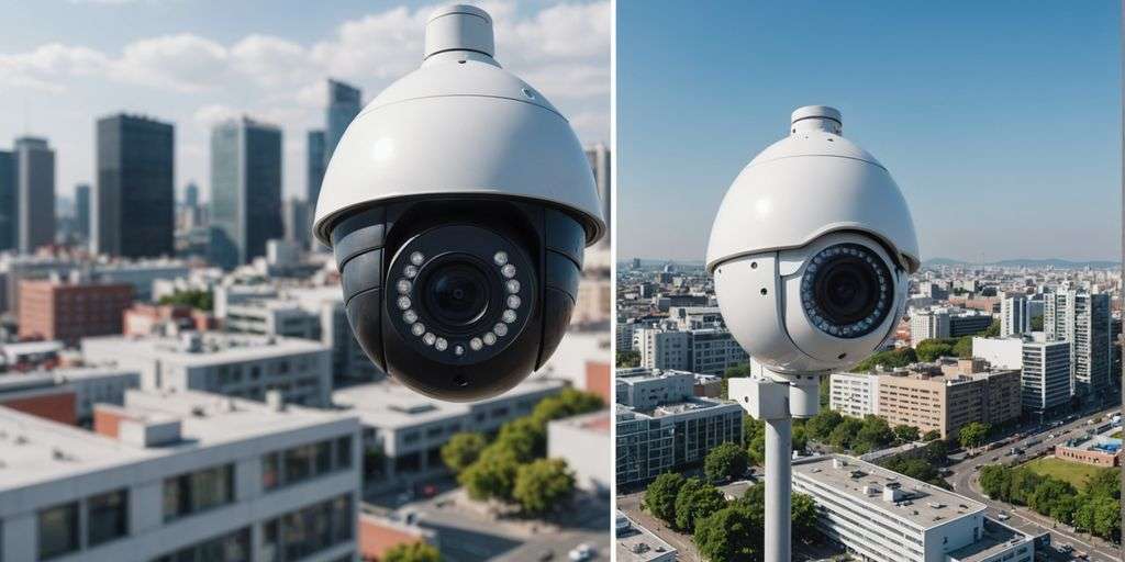 Analogue and IP CCTV cameras with cityscape background.
