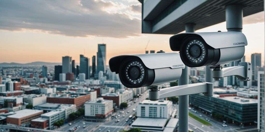 Analogue and IP CCTV cameras with cityscape background.