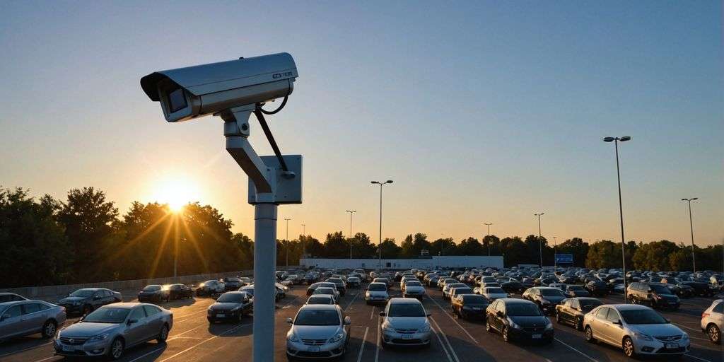 CCTV camera overlooking parking lot at sunset.