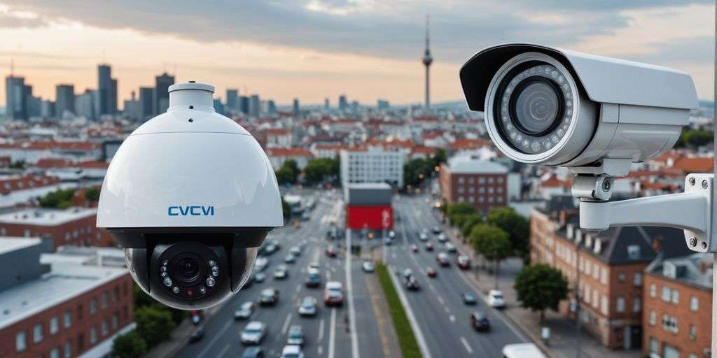 Analogue and IP CCTV cameras with cityscape background.