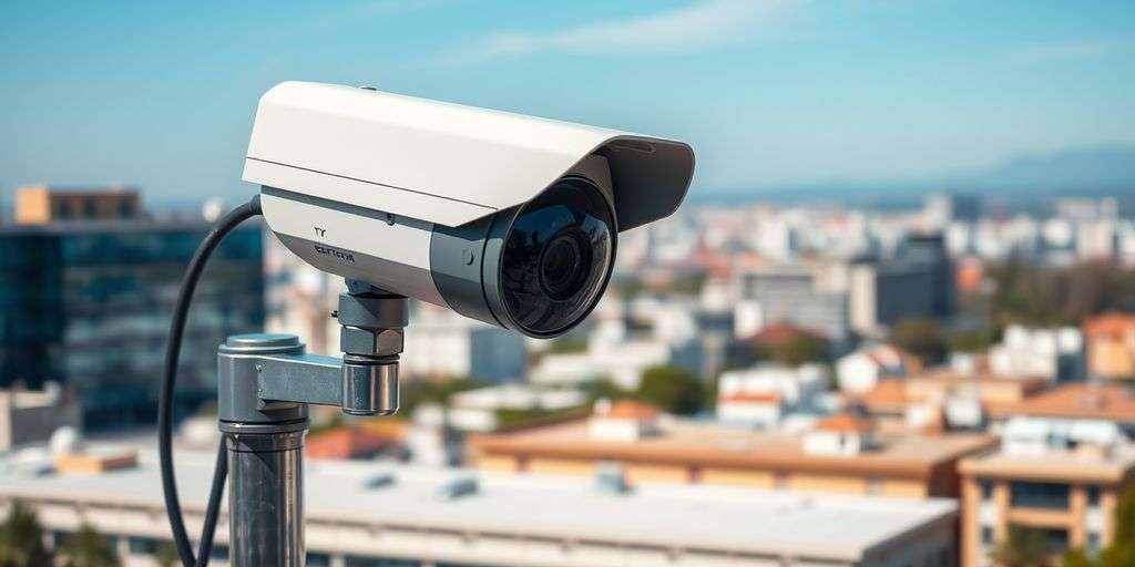 Modern CCTV camera with cityscape background