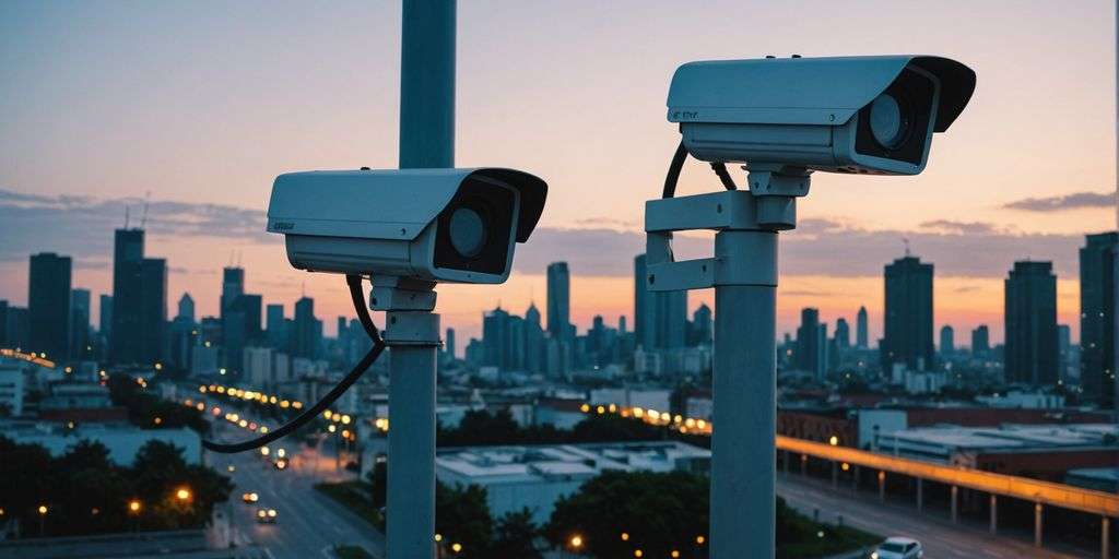 CCTV camera at dusk with cityscape