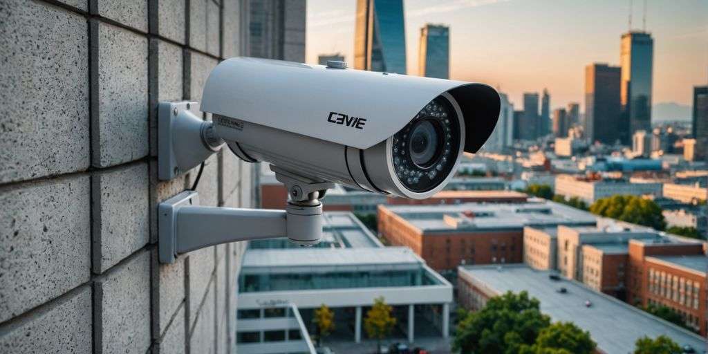 Modern CCTV camera on building corner