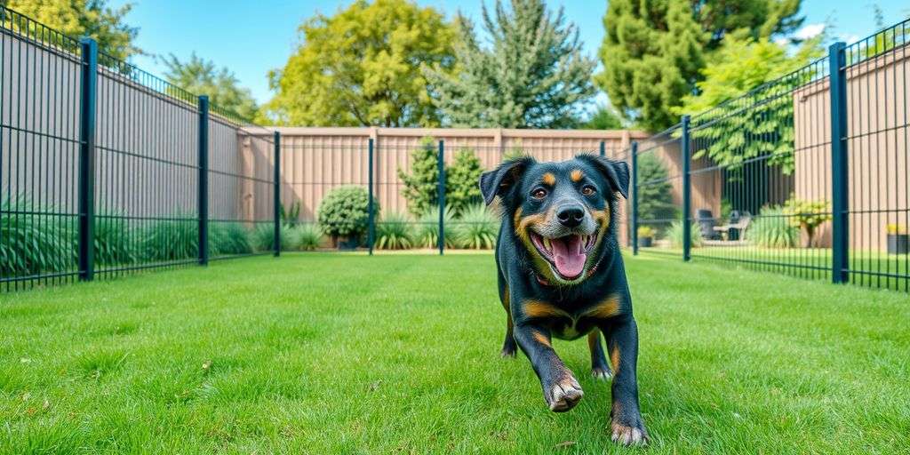 Dog playing in a fenced garden