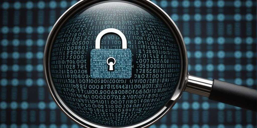 Magnifying glass over lock with binary code