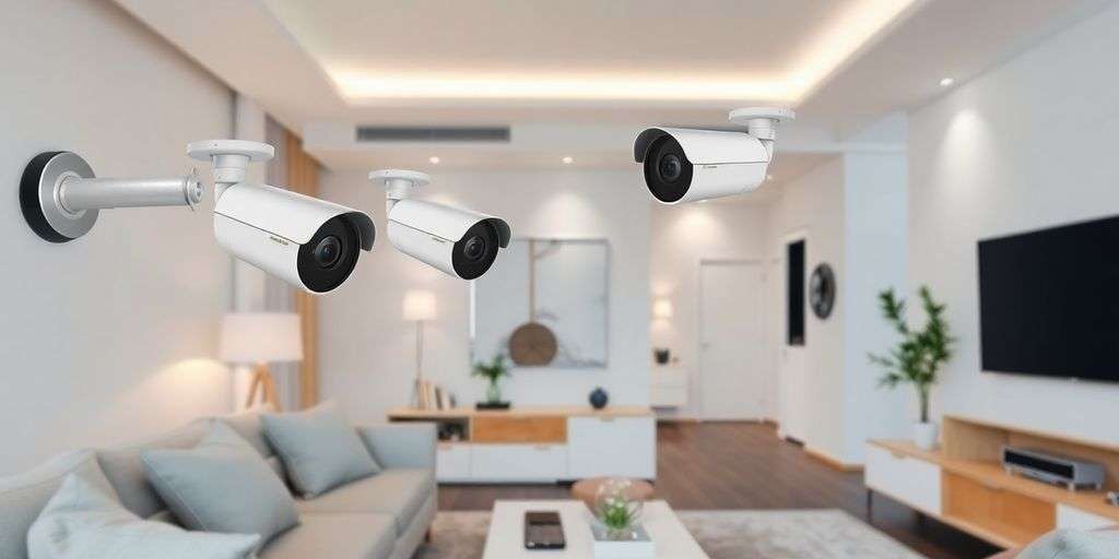 Modern living room with integrated CCTV and smart devices.
