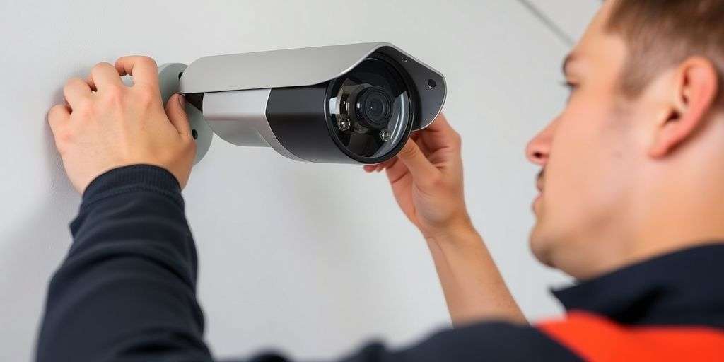 Technician installing CCTV camera on a wall.