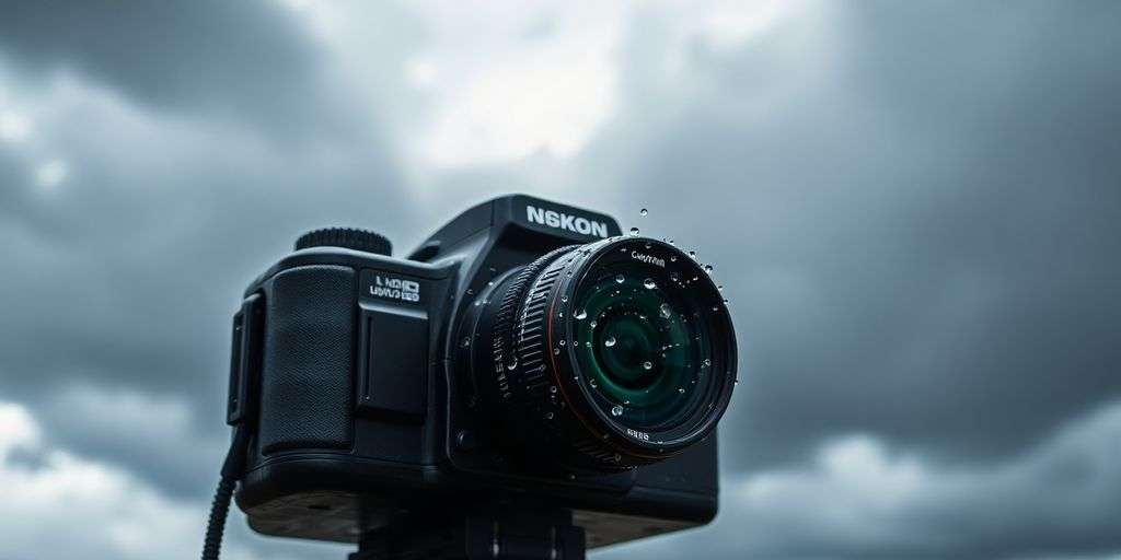 Outdoor camera under dark storm clouds with raindrops.