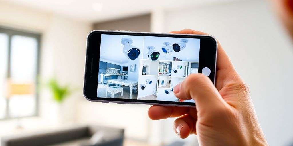 Person viewing CCTV footage on smartphone in home.