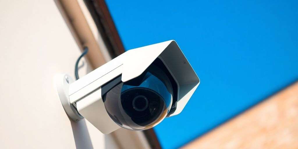Modern CCTV camera against a clear blue sky.