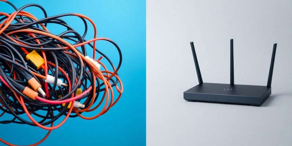 Tangled wires and a wireless router contrasting technology.