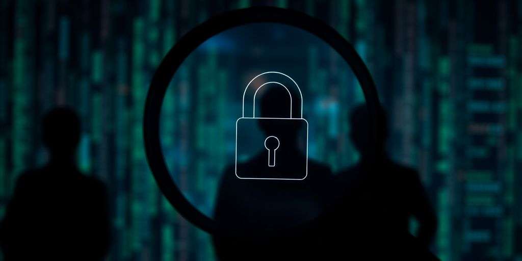 Magnifying glass over a lock with digital data streams.