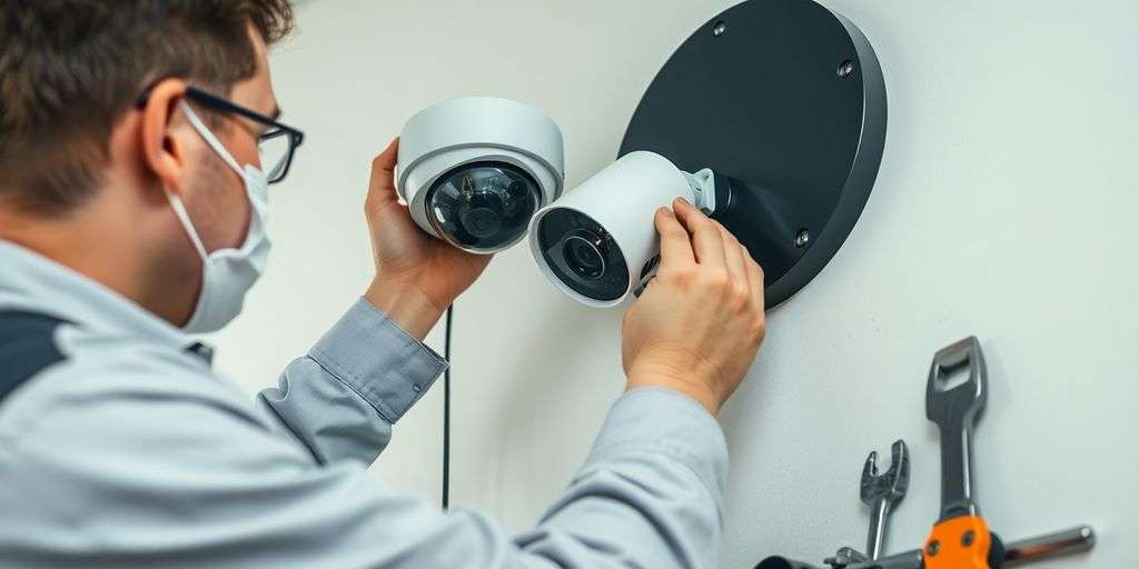 Technician inspecting CCTV camera for maintenance.