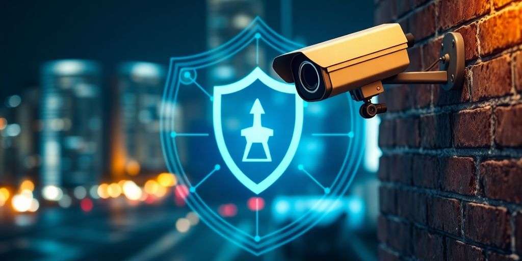 CCTV camera with digital shield on a brick wall.