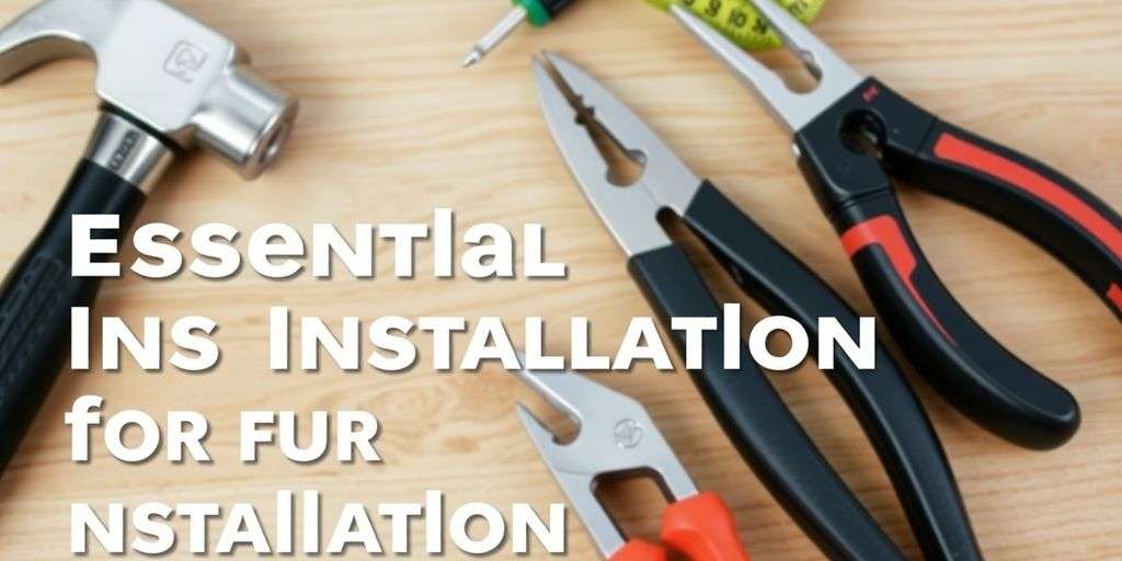 Essential installation tools on a wooden surface.