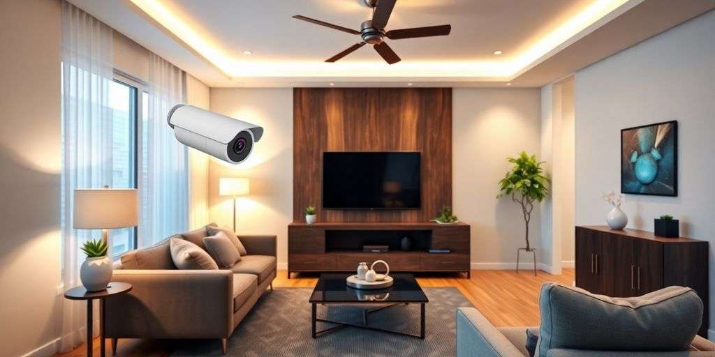 CCTV camera with smart home devices in a living room.