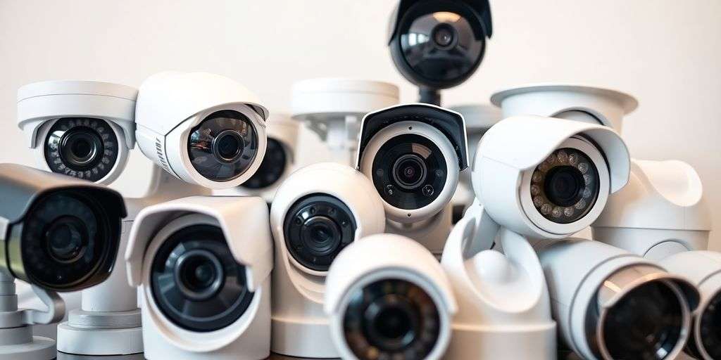 Different styles of CCTV cameras on a table.